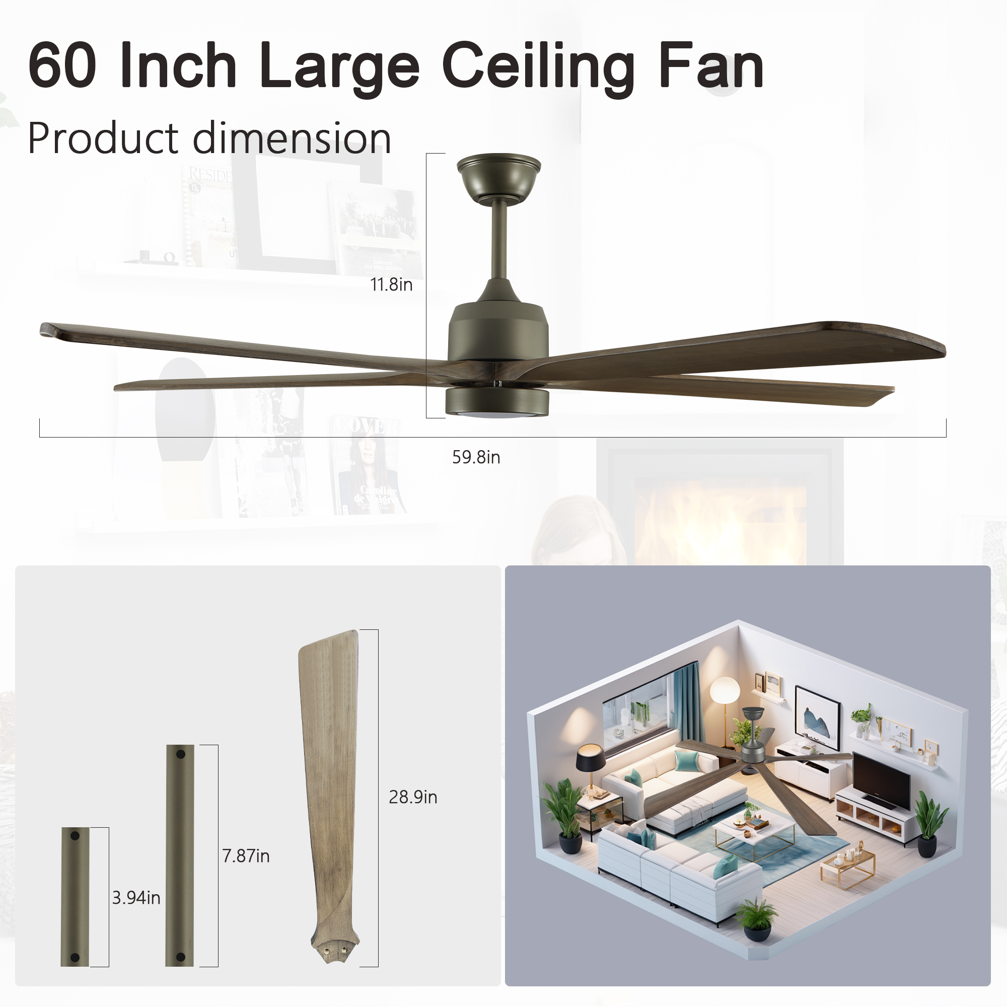 60 "modern wooden ceiling fan with lighting and remote control, 6-speed noiseless reversible DC motor ceiling fan - Image 5