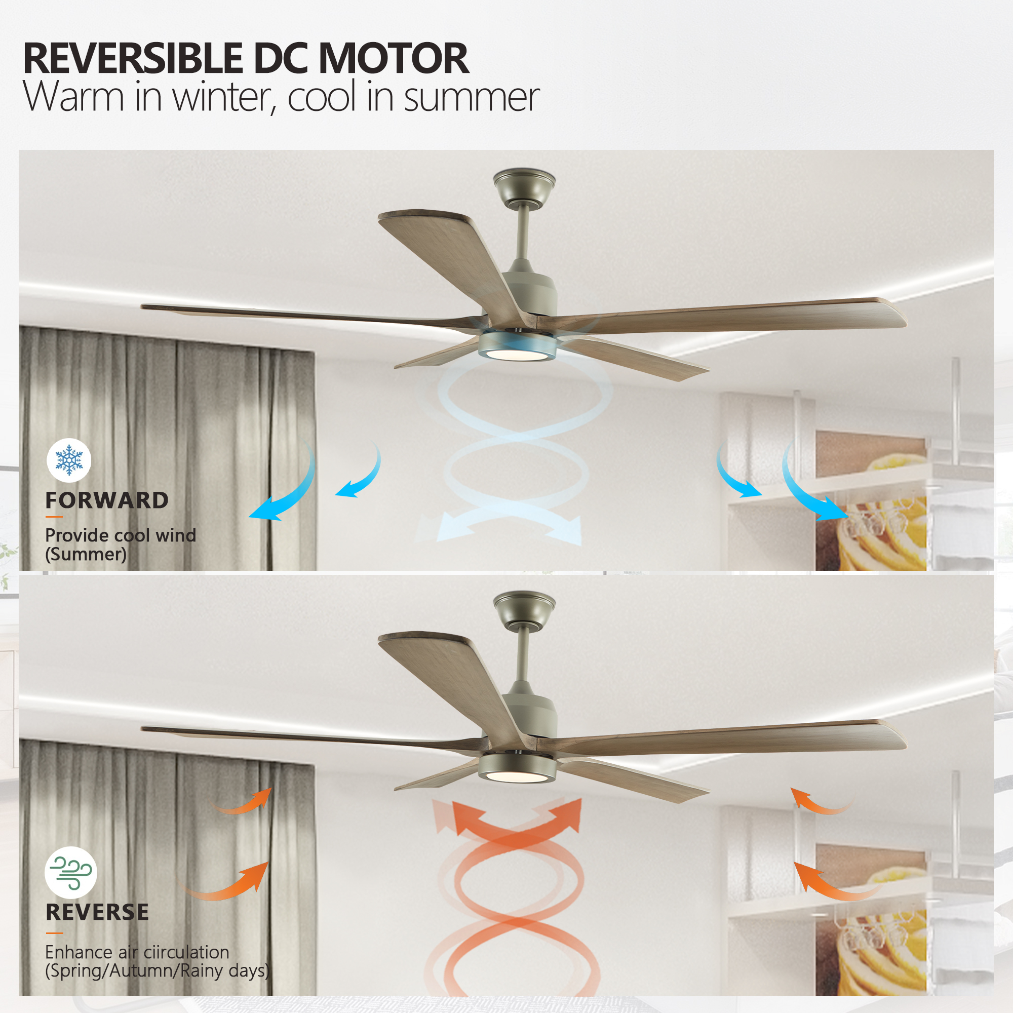60 "modern wooden ceiling fan with lighting and remote control, 6-speed noiseless reversible DC motor ceiling fan - Image 3