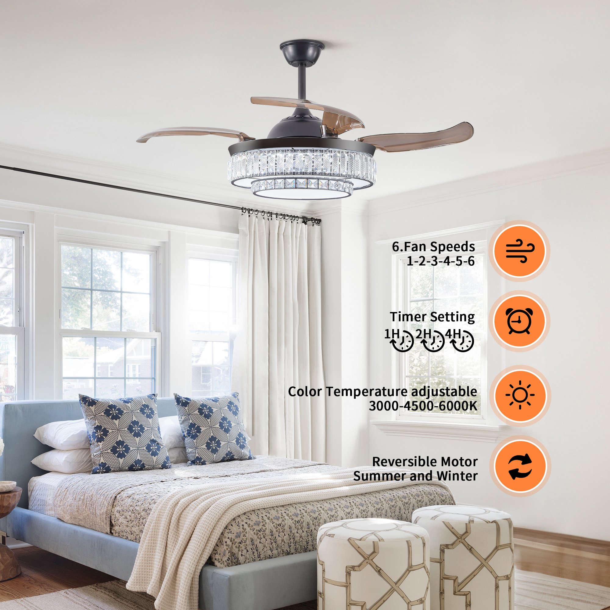 Modern LED retractable ceiling fan with lighting and remote control, silent reversible motor, 4-blade modern ceiling fan - Image 5