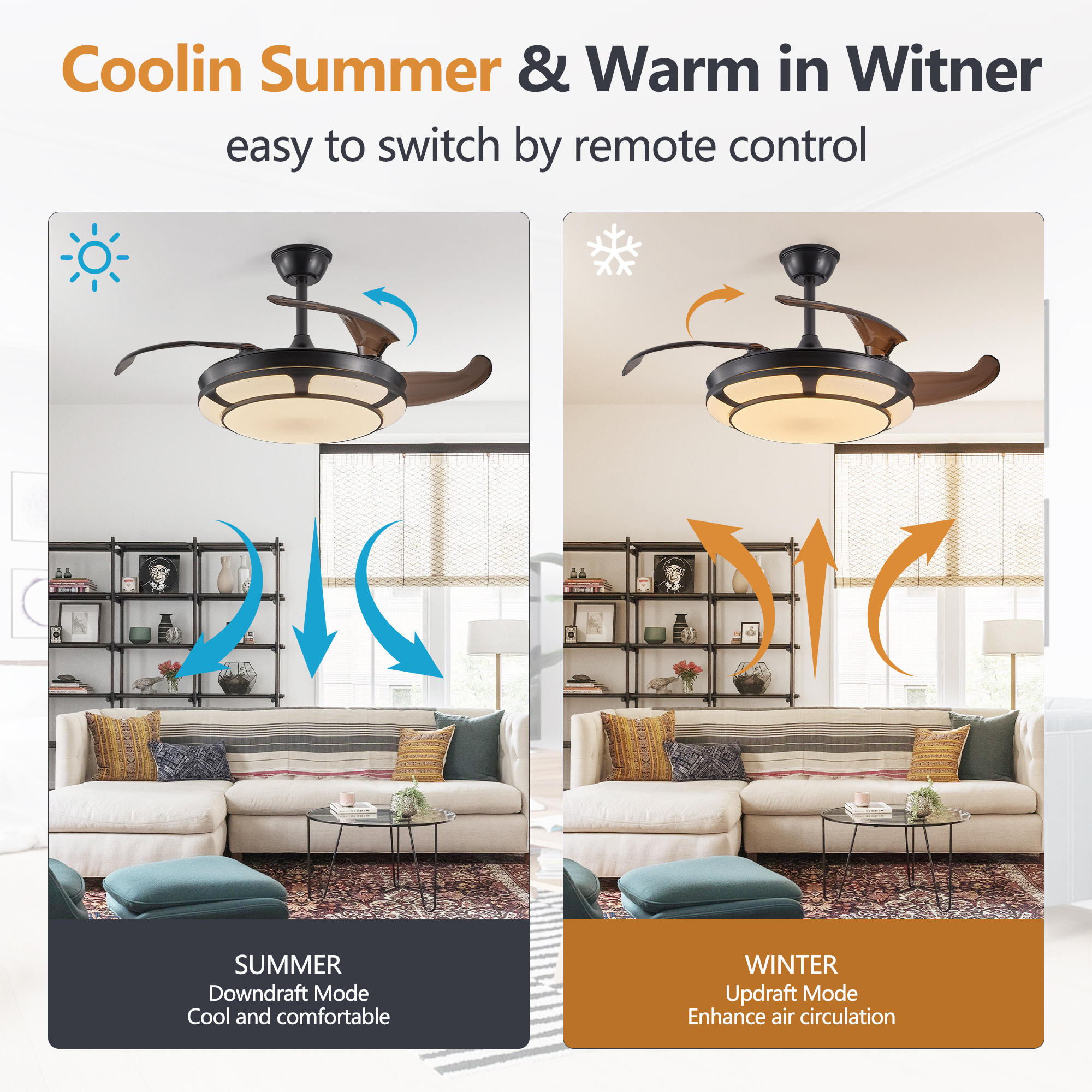 Modern Minimalist Invisible Ceiling Fan Light - Retractable Fan With LED Fixtures - For Living Room, Bedroom and Dining room - Image 5