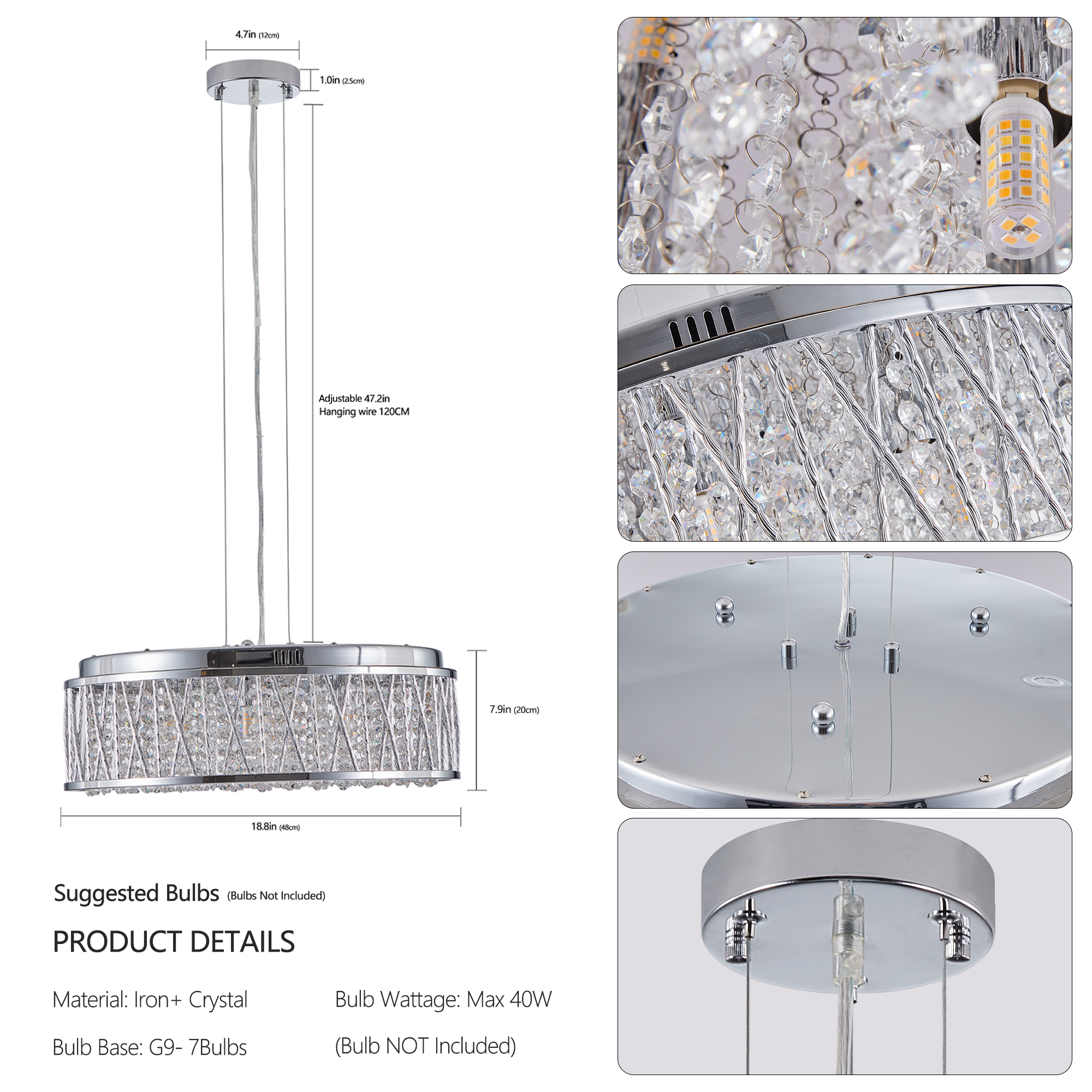 Modern Crystal Pendant 18.9-inch Aluminum+Iron Circular Ceiling Light Embedded Ceiling Fixture - Image 3