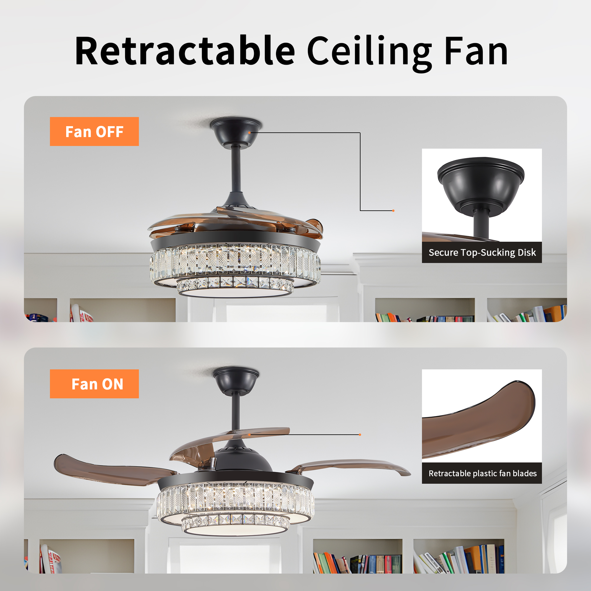 Modern LED retractable ceiling fan with lighting and remote control, silent reversible motor, 4-blade modern ceiling fan - Image 9