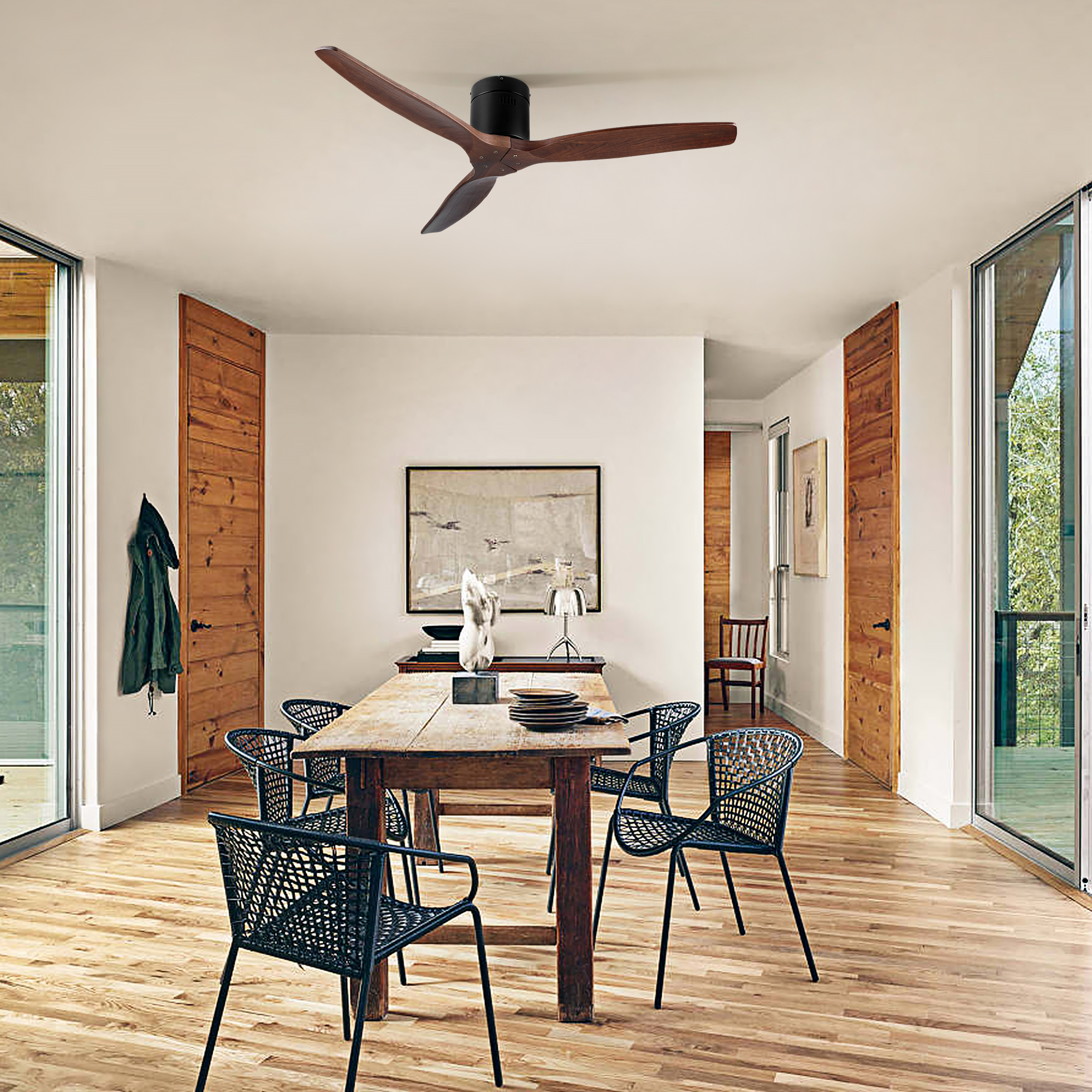 52" YUHAO Farmhouse Rustic Ceiling Fan without Light - Matte Black with Solid Wood Blade - Image 14