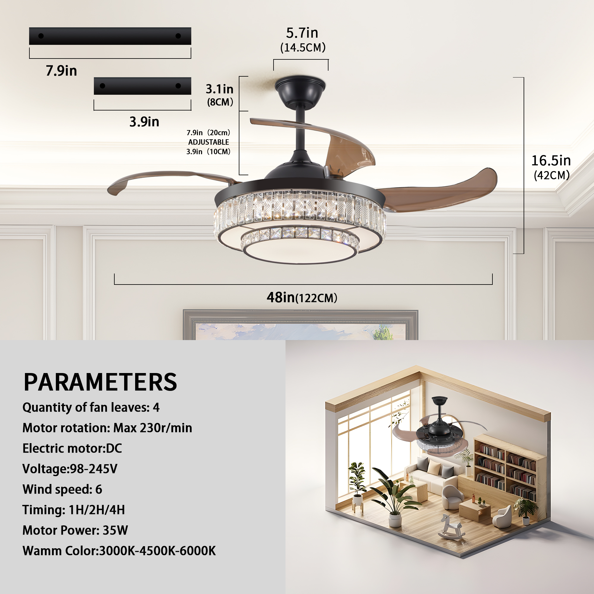 Modern LED retractable ceiling fan with lighting and remote control, silent reversible motor, 4-blade modern ceiling fan - Image 4