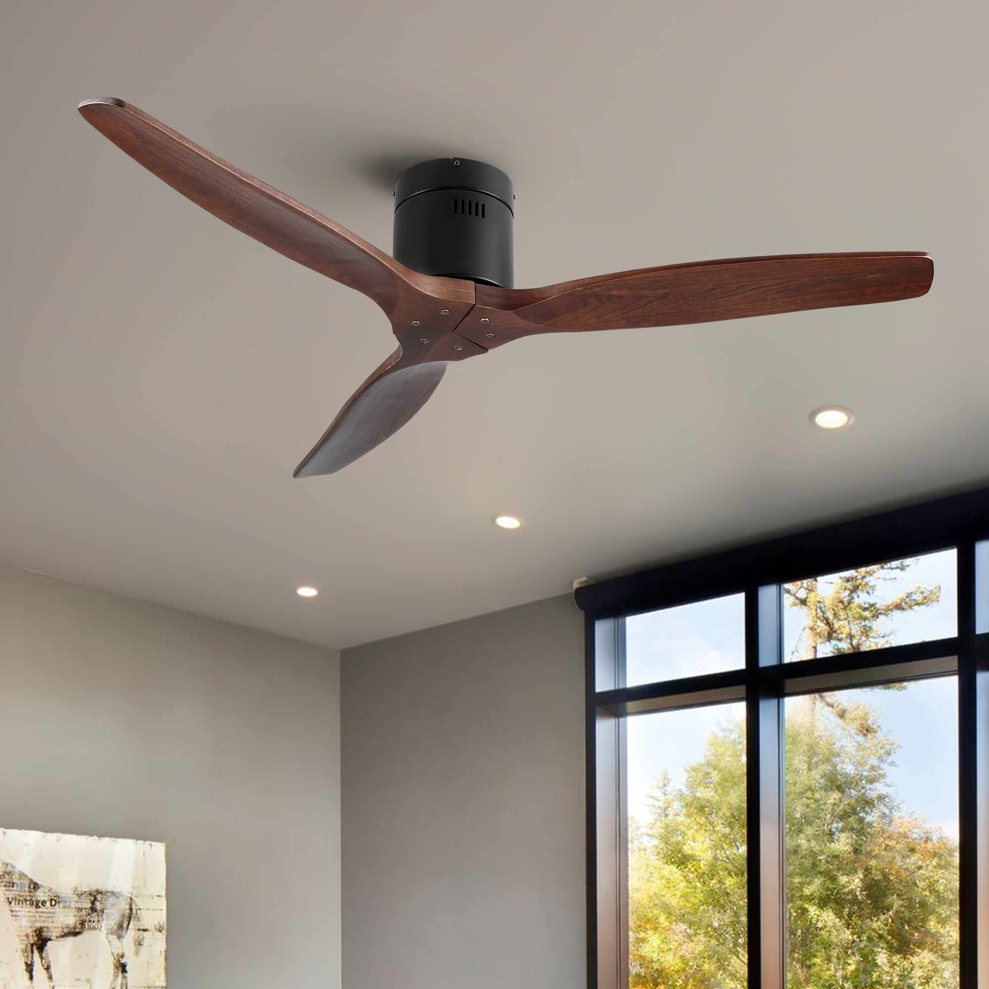 52" YUHAO Farmhouse Rustic Ceiling Fan without Light - Matte Black with Solid Wood Blade - Image 7