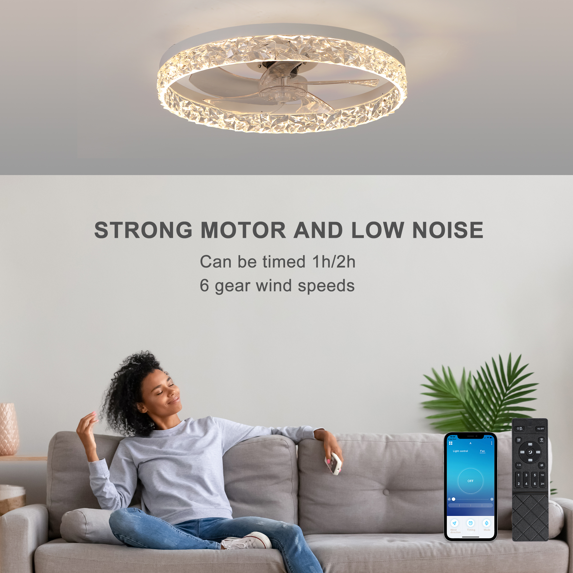 Modern acrylic ceiling fan light with remote control, dimmable LED pendant light, 6-speed adjustable, silent motor - Image 3
