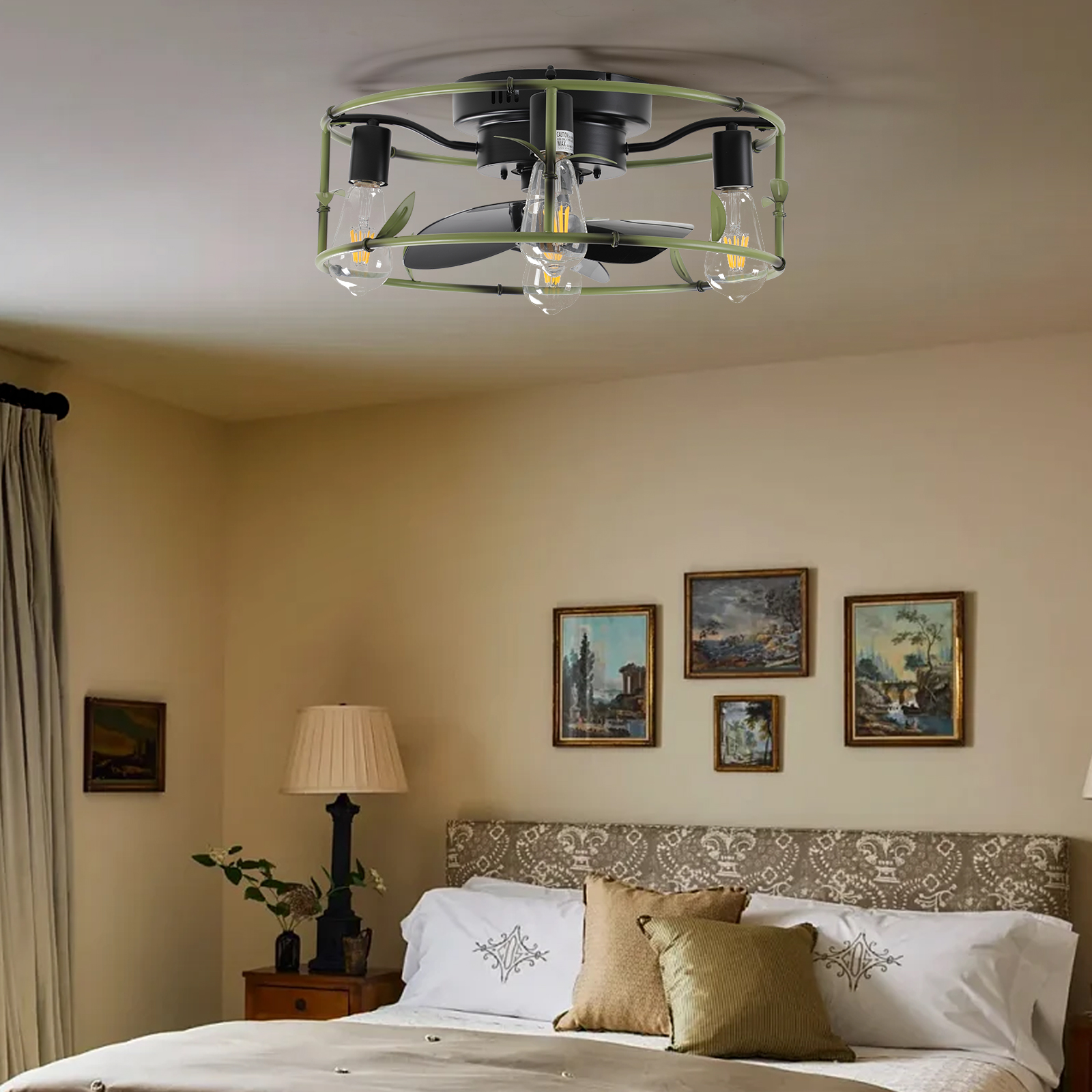 Flush Mount Ceiling Fans with Lights and Remote Control green Caged Low Profile Ceiling Fan Modern Metal Ceiling fanfor - Image 3