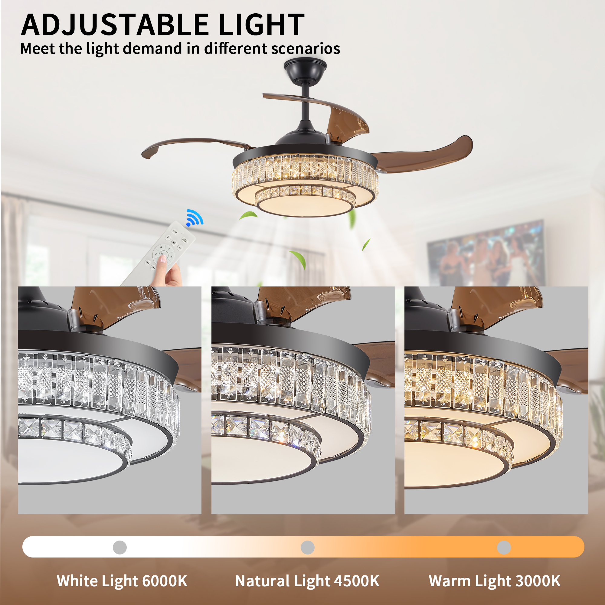 Modern LED retractable ceiling fan with lighting and remote control, silent reversible motor, 4-blade modern ceiling fan - Image 2