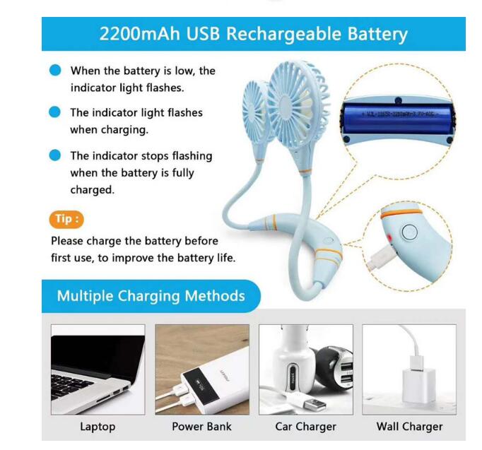 Rechargeable Hands-Free Neck Hanging Sports 3 Gears Fan Wearable Portable USB Flexible Rechargeable Neckband Mini Desk Fan Air - Image 3