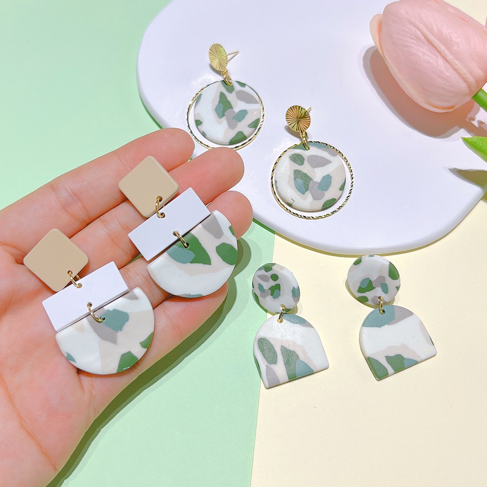 Soft Pottery Spot Pattern Autumn and Winter Matcha Green Women's Earrings Fashion Geometric Irregular Trend Earrings - Image 2