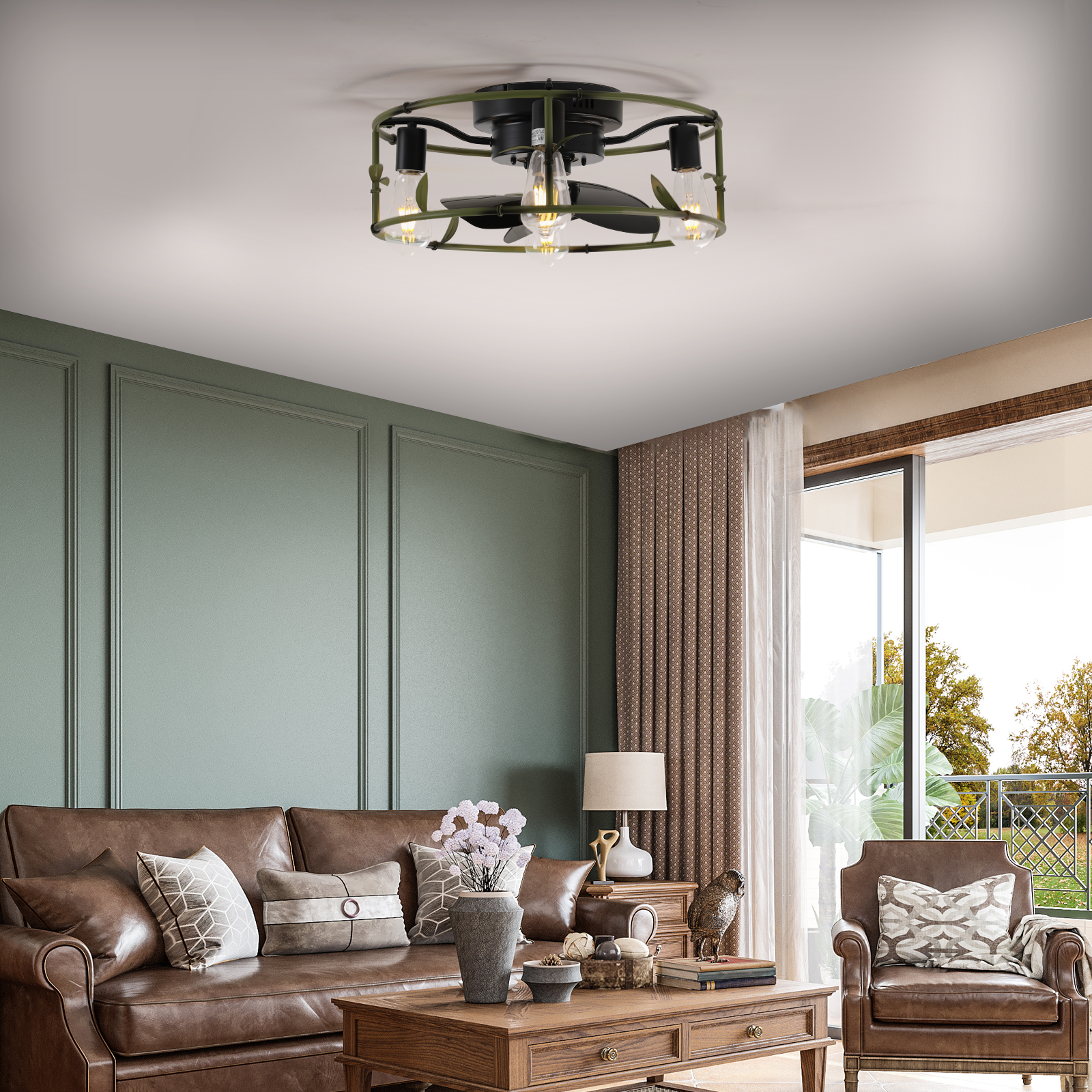 Flush Mount Ceiling Fans with Lights and Remote Control green Caged Low Profile Ceiling Fan Modern Metal Ceiling fanfor - Image 7