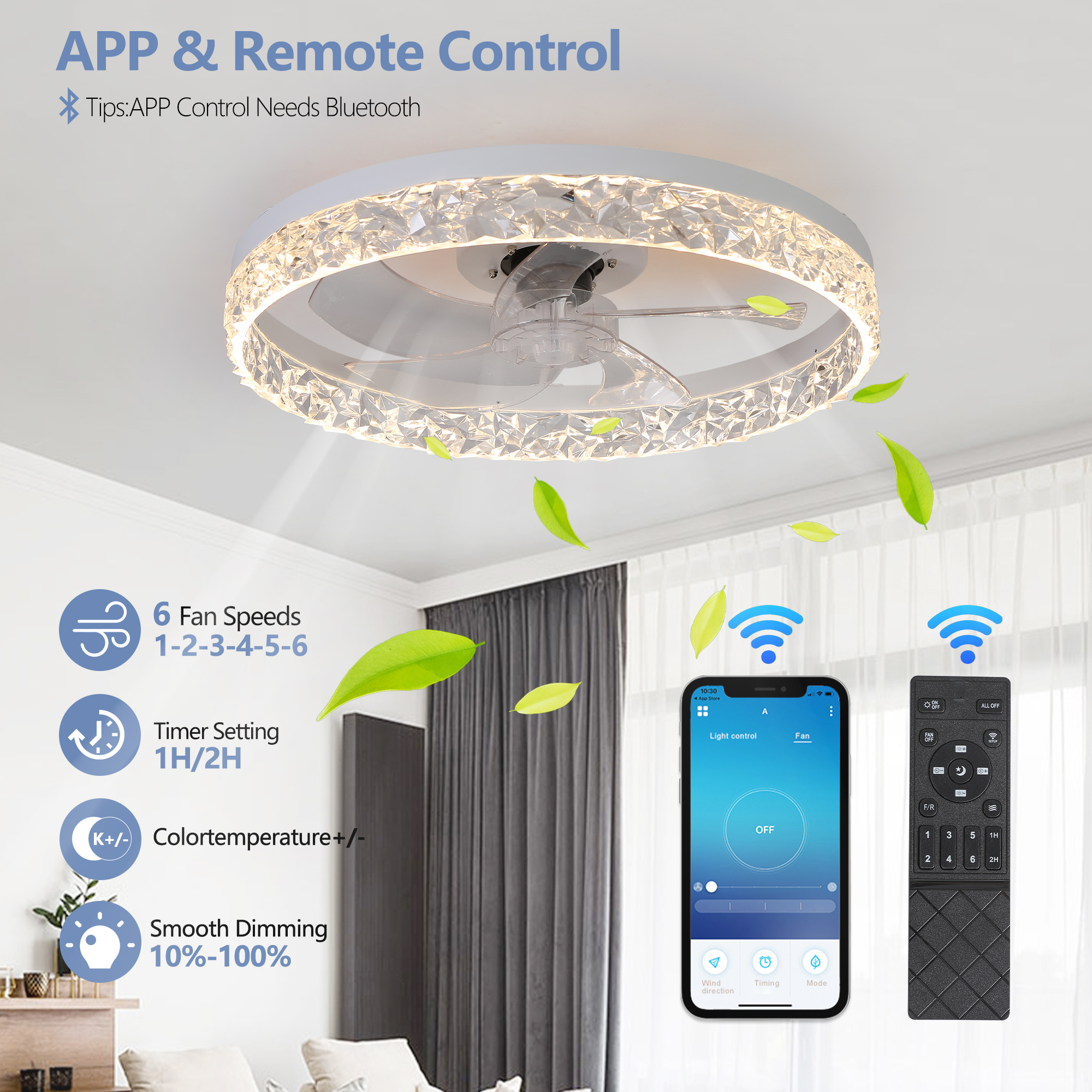 Modern acrylic ceiling fan light with remote control, dimmable LED pendant light, 6-speed adjustable, silent motor - Image 9
