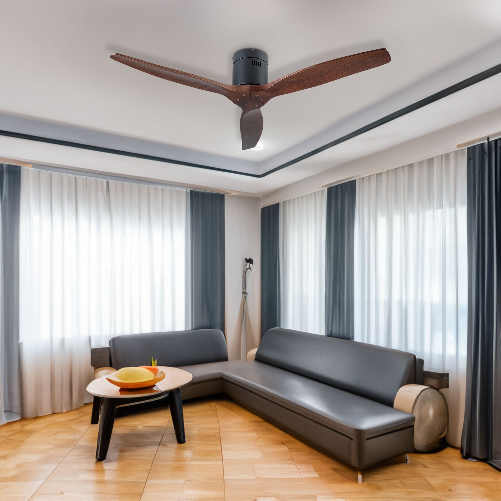 52" YUHAO Farmhouse Rustic Ceiling Fan without Light - Matte Black with Solid Wood Blade