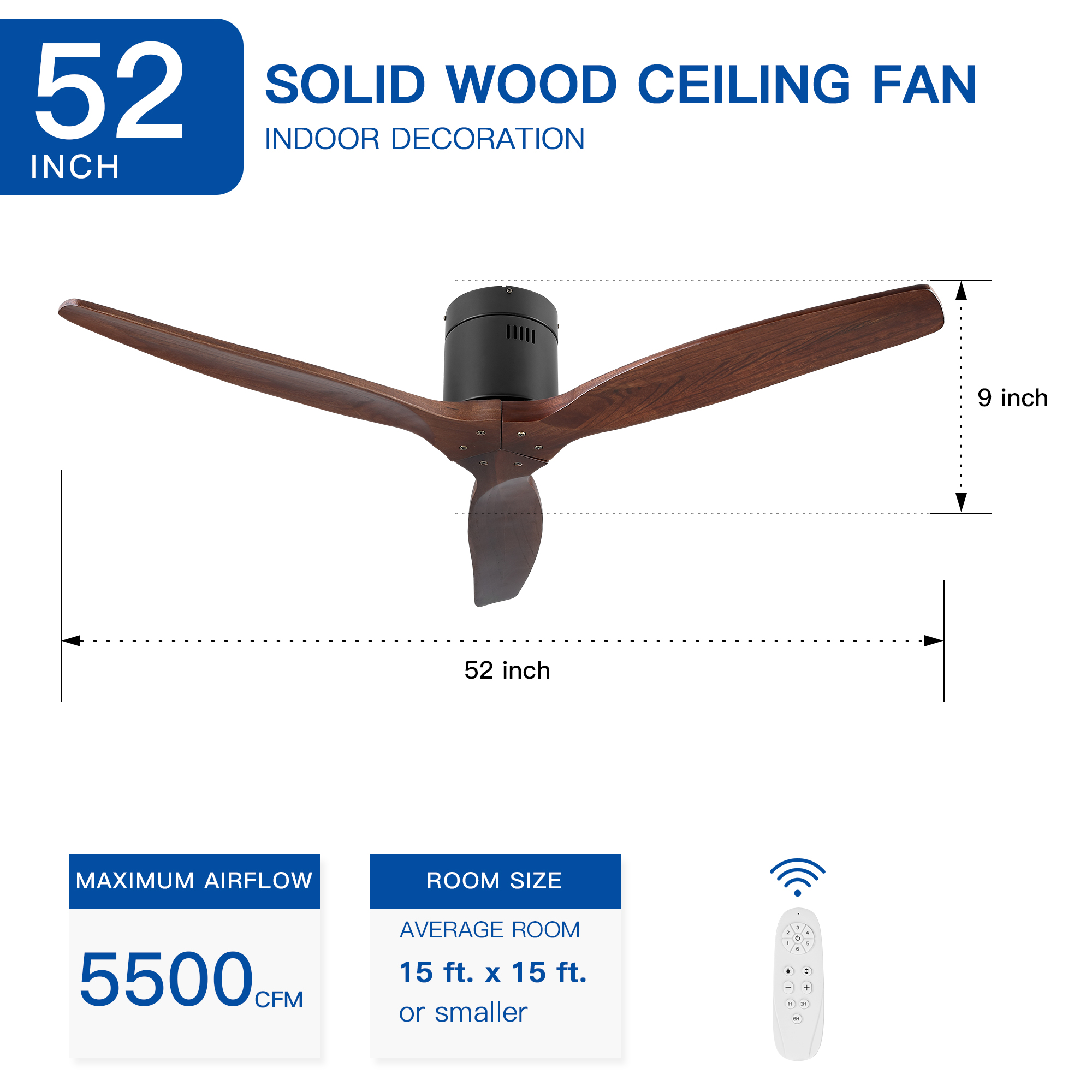 52" YUHAO Farmhouse Rustic Ceiling Fan without Light - Matte Black with Solid Wood Blade - Image 15