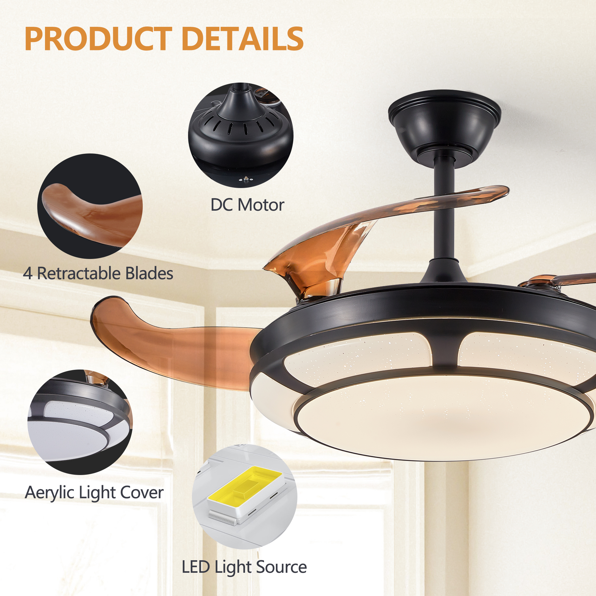 Modern Minimalist Invisible Ceiling Fan Light - Retractable Fan With LED Fixtures - For Living Room, Bedroom and Dining room - Image 4