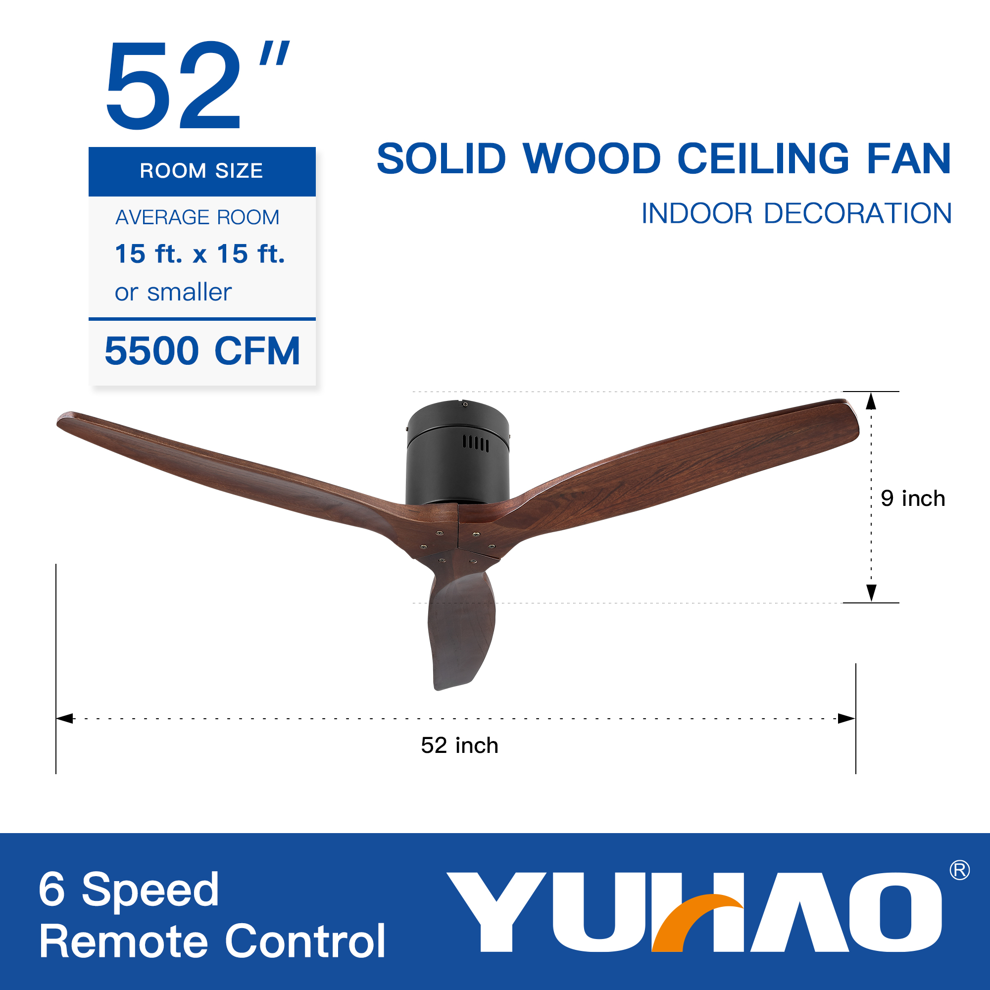 52" YUHAO Farmhouse Rustic Ceiling Fan without Light - Matte Black with Solid Wood Blade - Image 9
