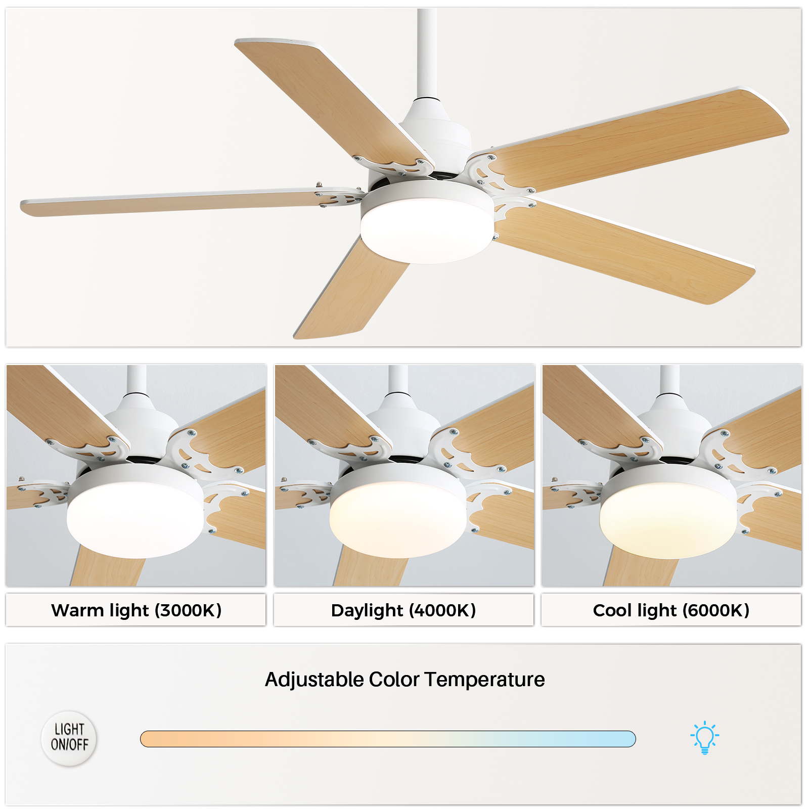 42 Inch Modern Ceiling Fan With 3 Color Dimmable Light 5 Blades Remote Control Reversible DC Motor White - Image 6