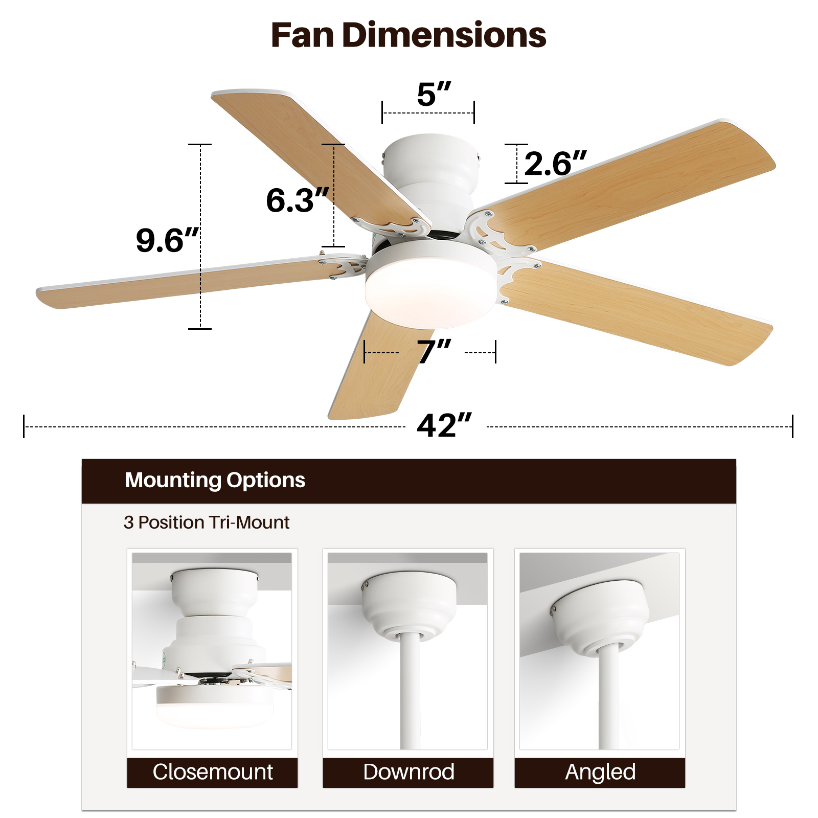 42 Inch Modern Ceiling Fan With 3 Color Dimmable Light 5 Blades Remote Control Reversible DC Motor White - Image 3